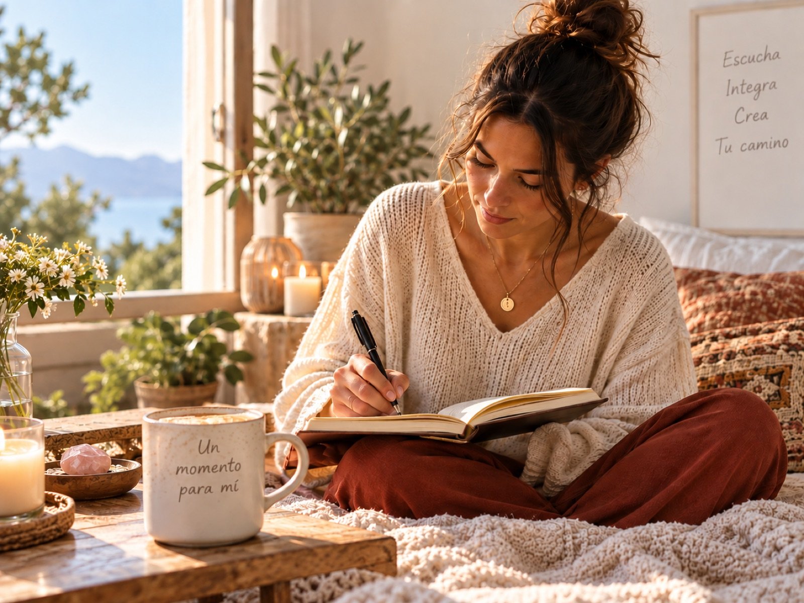 Mujer escribiendo en su diario junto a una vela y una taza: trabajo individual con ejercicios