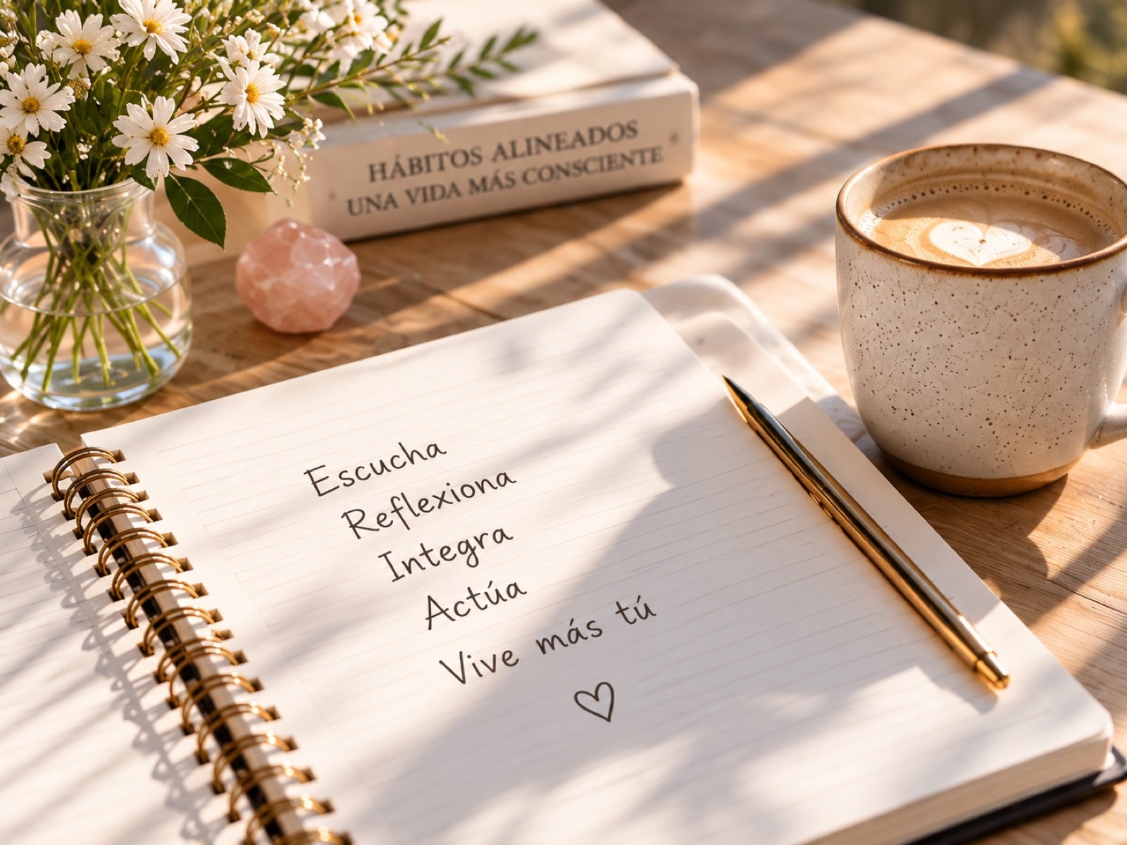 Cuaderno con las palabras Escucha, Reflexiona, Integra, Actúa, Vive más tú